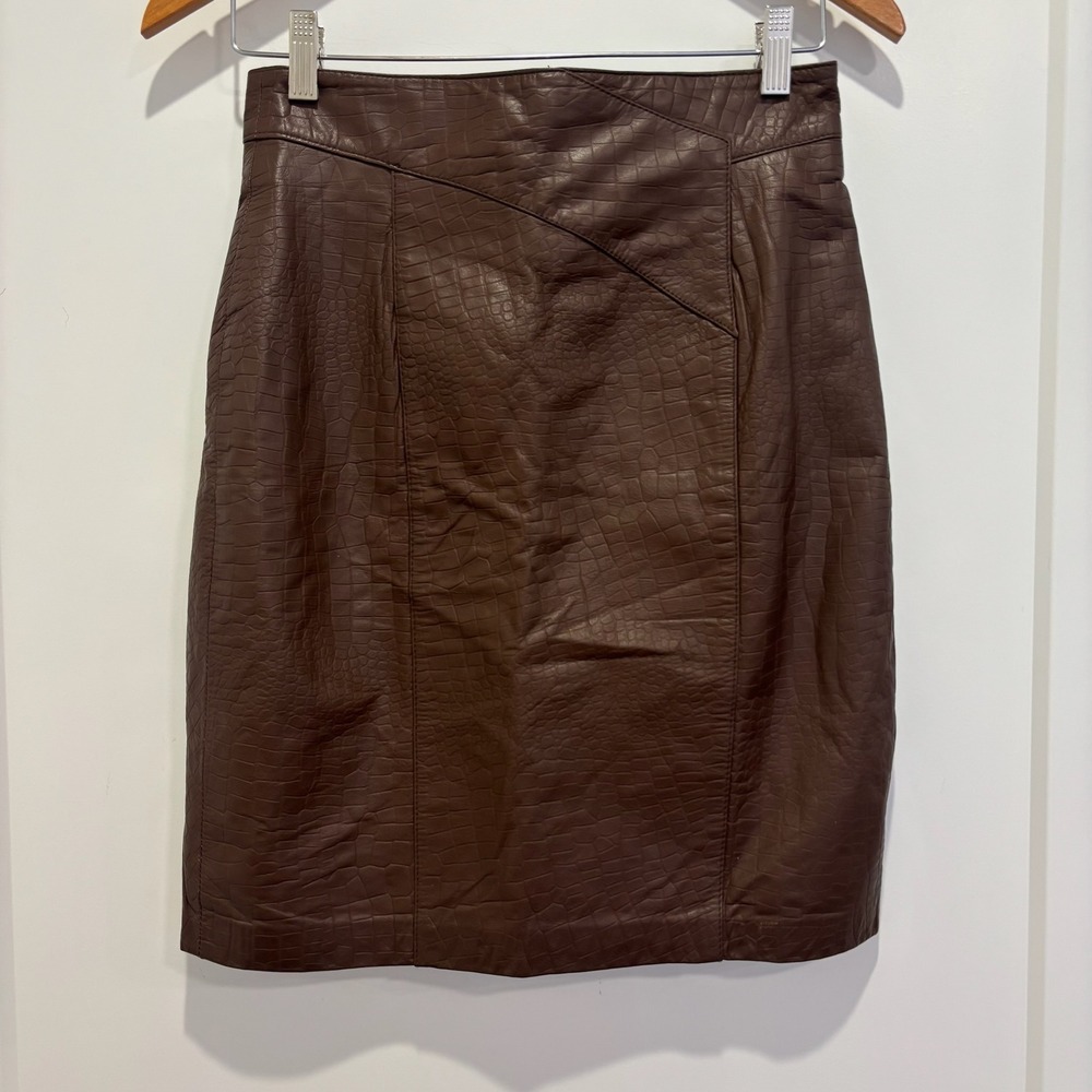 Toffs Brown Croc Embossed Leather Pencil Skirt Size 8P Petite Vintage 15-7714